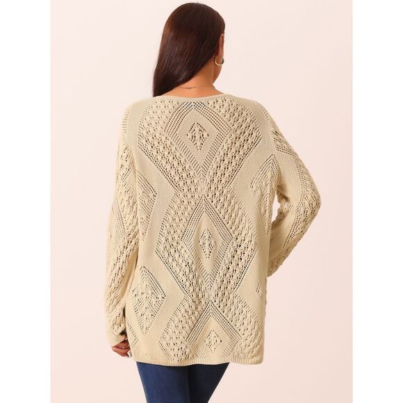 V Neck Long Sleeve Hollow Cable Knit Loose Casual Pullover Sweaters Khaki - Picture 4 of 5